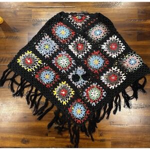 Fifty Two Weekends‎ Crocheted Granny Square Shawl with Fringe Colorful Medium